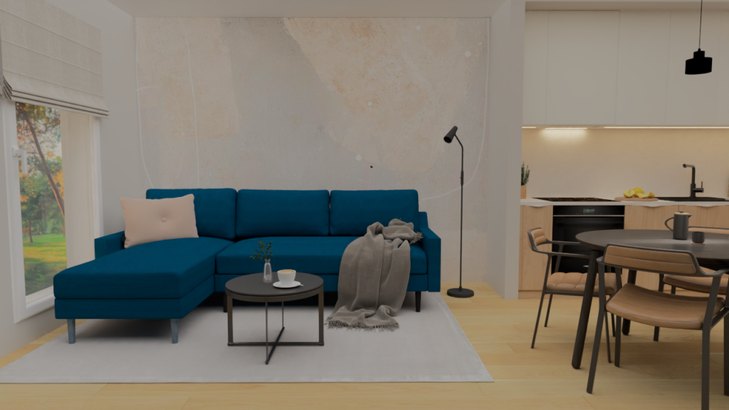 Kawalerka z niebieska sofa i nowoczesna tapeta z tylu oraz otwarta kuchnia na podłodze jasne drewno oraz kuchnia biało drewniana