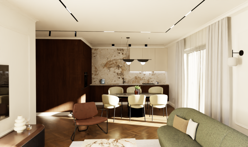 kamień we wnętrzach eleganckie wnętrze ciemne drewno salon z kuchnia okrągła sztukateria jodełka
