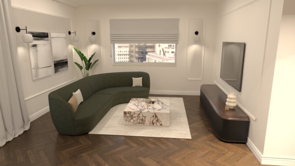 Nowoczesny salon ze sztukateria kamieniem jodełka klasyczna i okrągłymi kinkietami sofa z zaobleniami